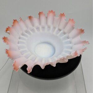 Victorian Satin Pink Glass Ruffled Edge Bowl Brides Basket Centerpiece Vintage